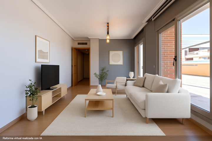 La misma estancia amueblada con un render
